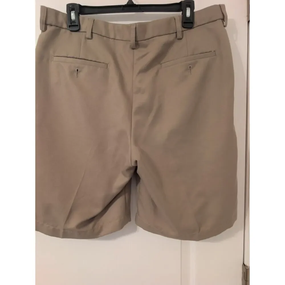 Haggar Shorts Mens 34 Tan Pleated Classic Preppy Casual Walk Chino Flex Waist